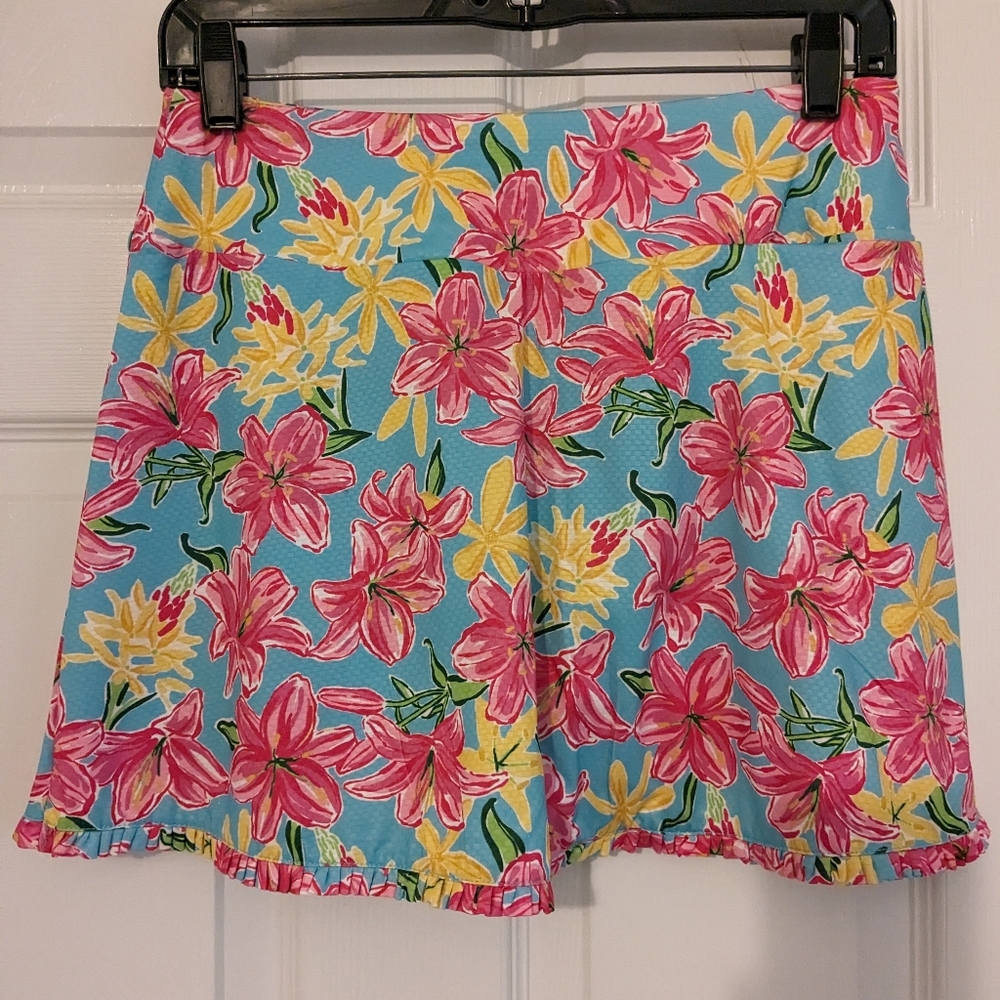 Gottex Medium Golf Tennis Floral Skort Pocket Ruffle Trim Turquoise Pink Yellow